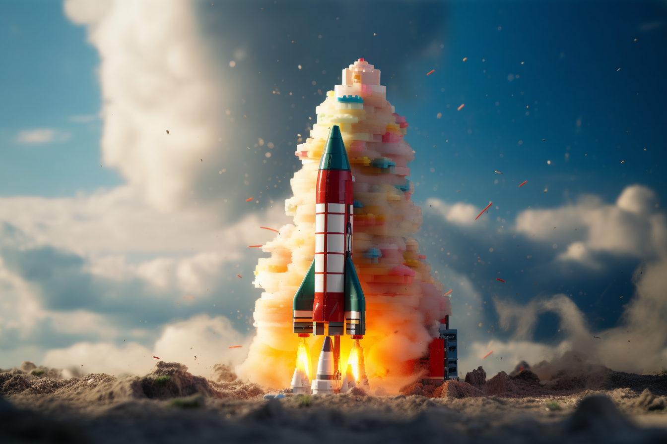 Colorful Lego rocket blasting off