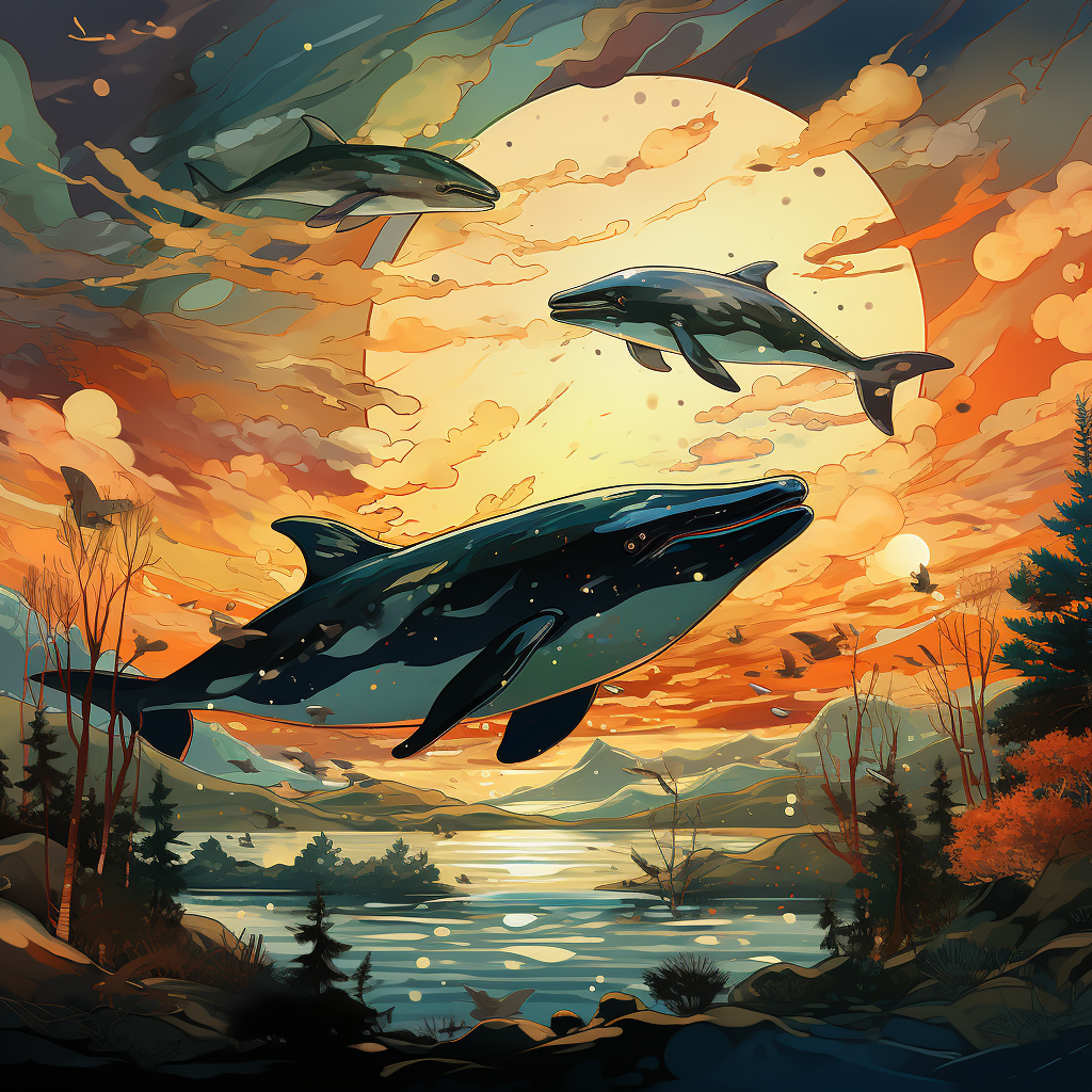 Whales flying in the colorful manga sky