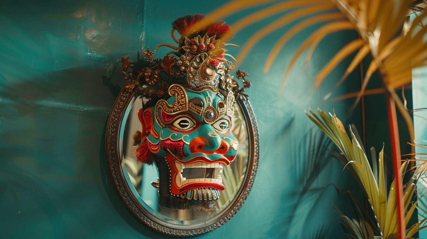 Colorful mask hanging near mirror