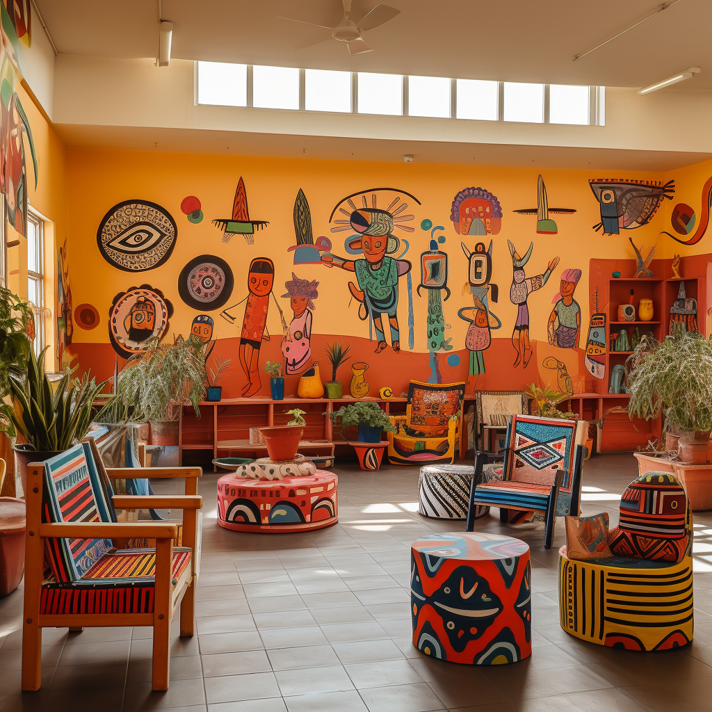 Students sitting in vibrant Mexican hallway