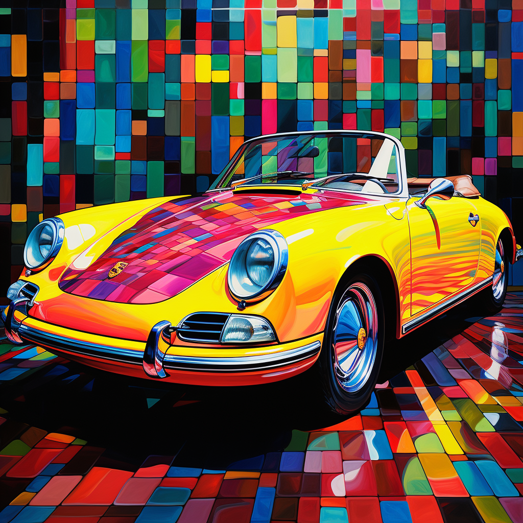 Colorful Mondrian Grid Painting over Red Porsche Convertible