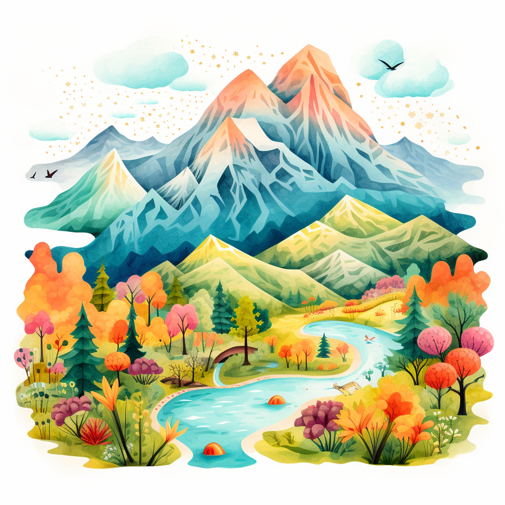 Colorful mountain range illustration for kids