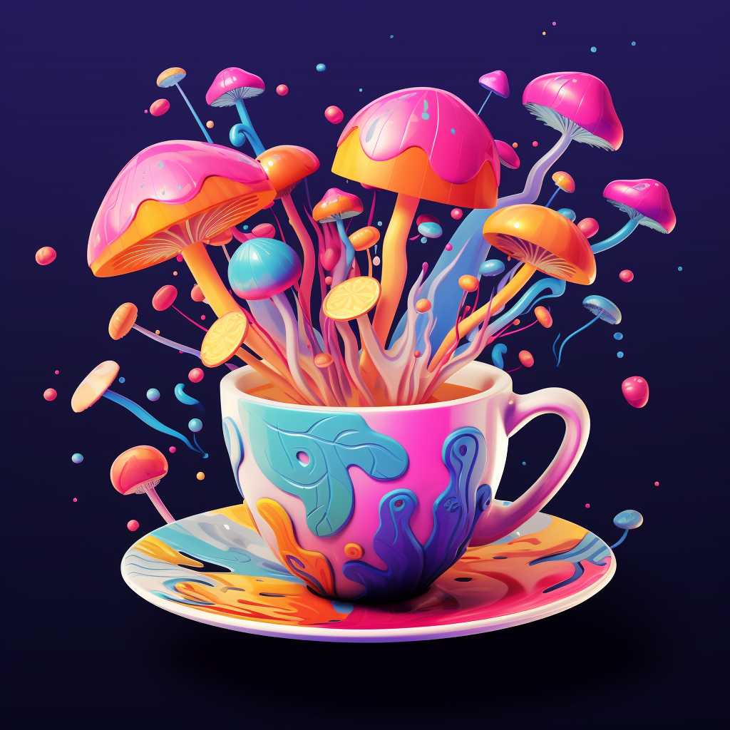 Colorful mushrooms in teacup illustration