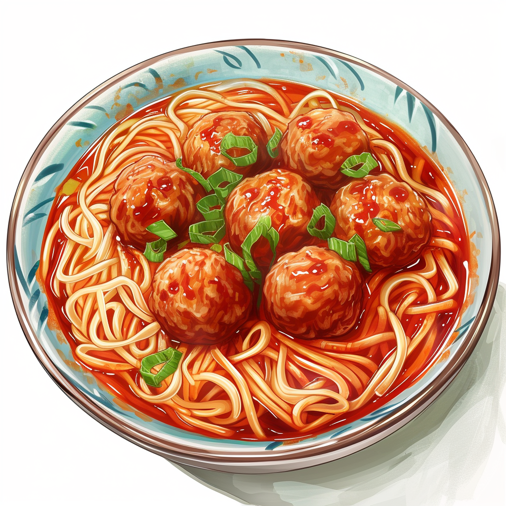 Colorful noodles and meatballs in deep plate