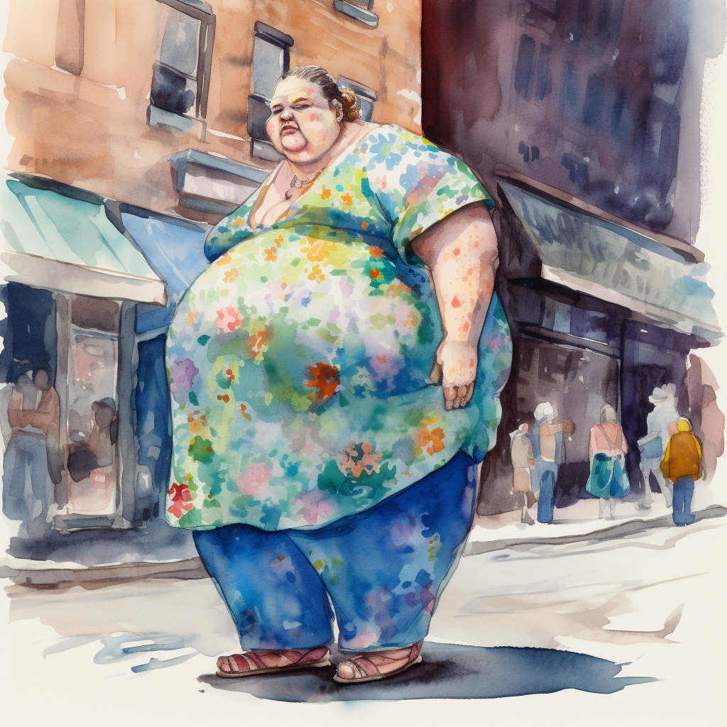 Colorful Obese Woman Walking with Blue House Dress