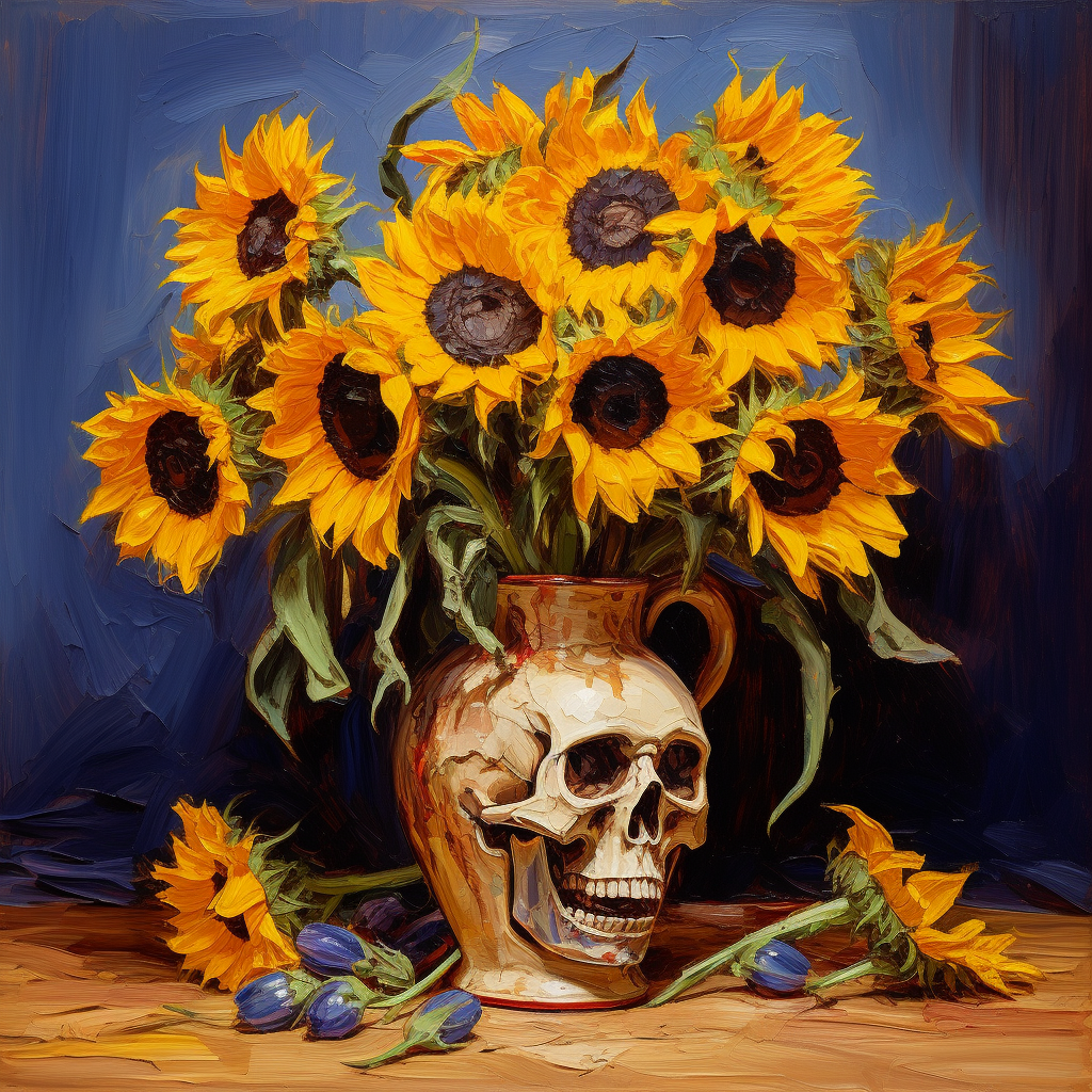 Colorful oil painting of rustic vase with sunflowers