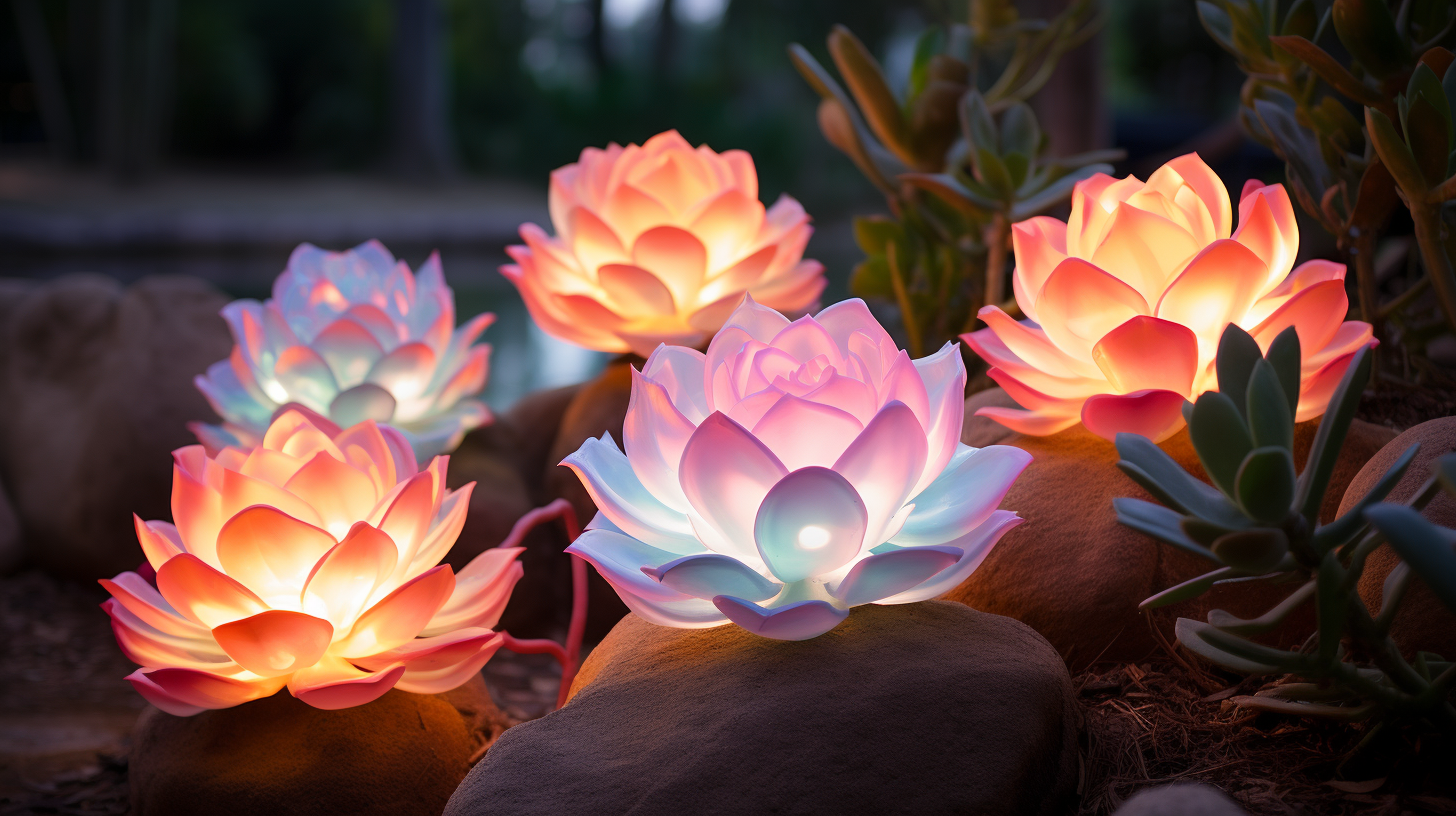 Colorful succulent-shaped lanterns in ethereal garden