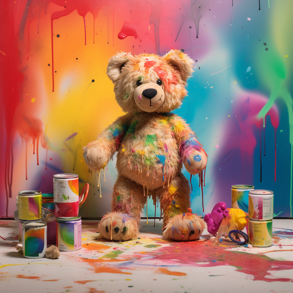 Toy bear covered in colorful paint