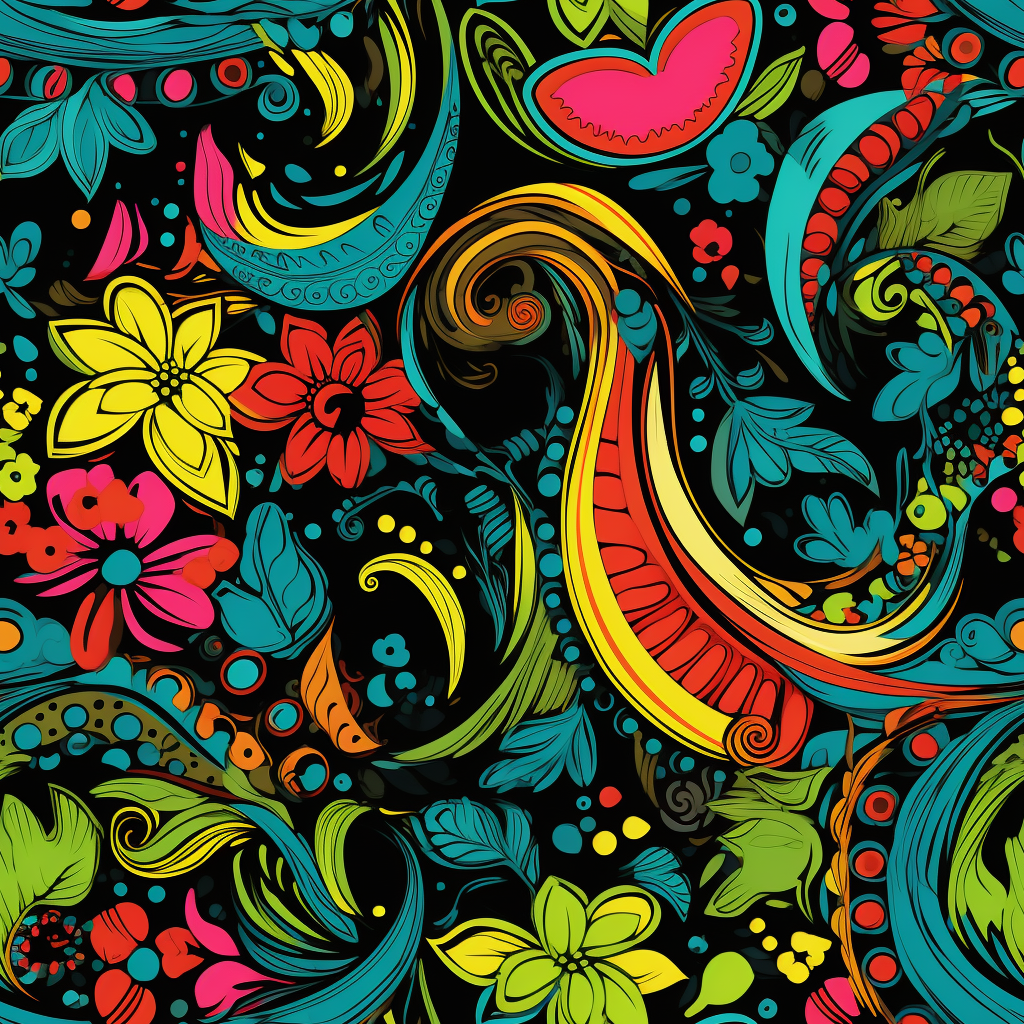 Vibrant paisley pattern with black outline design