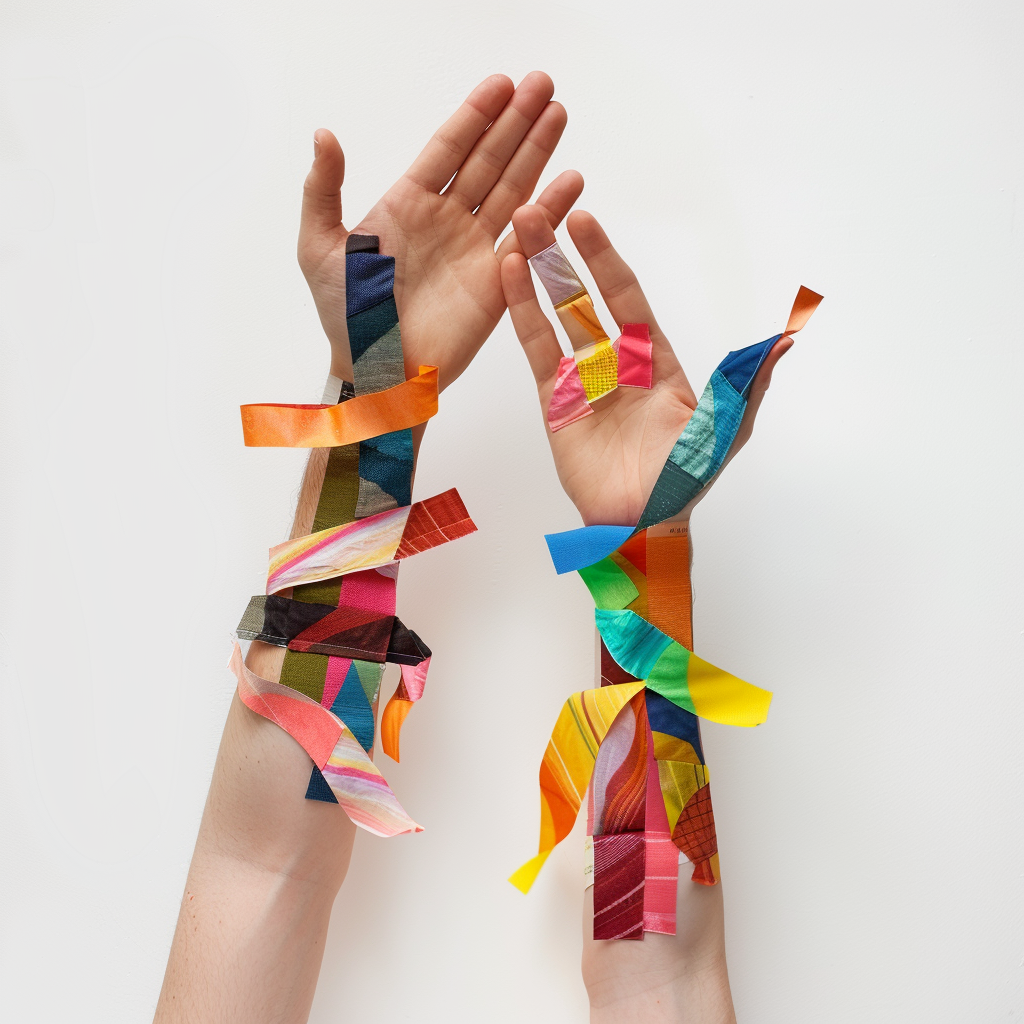 Hands holding colorful patchwork on white background