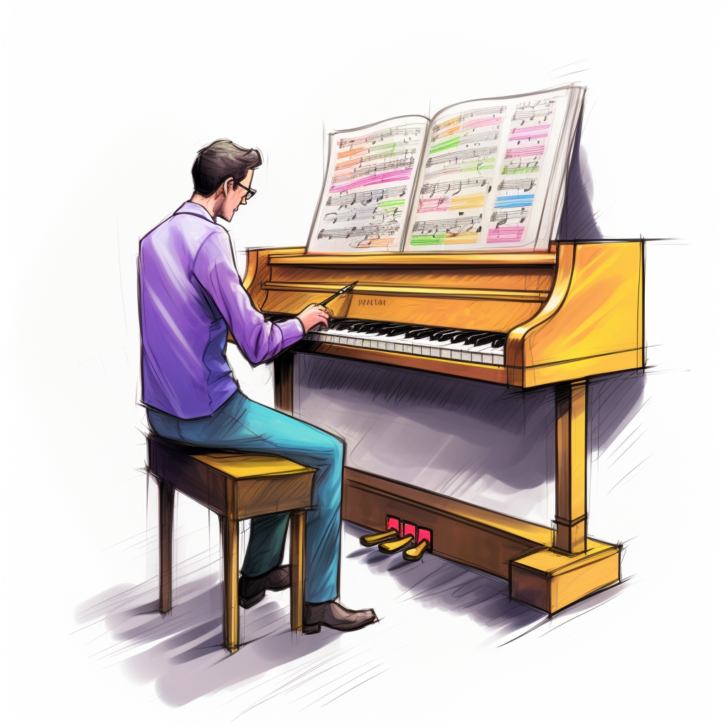 Funny piano teacher searching for keys