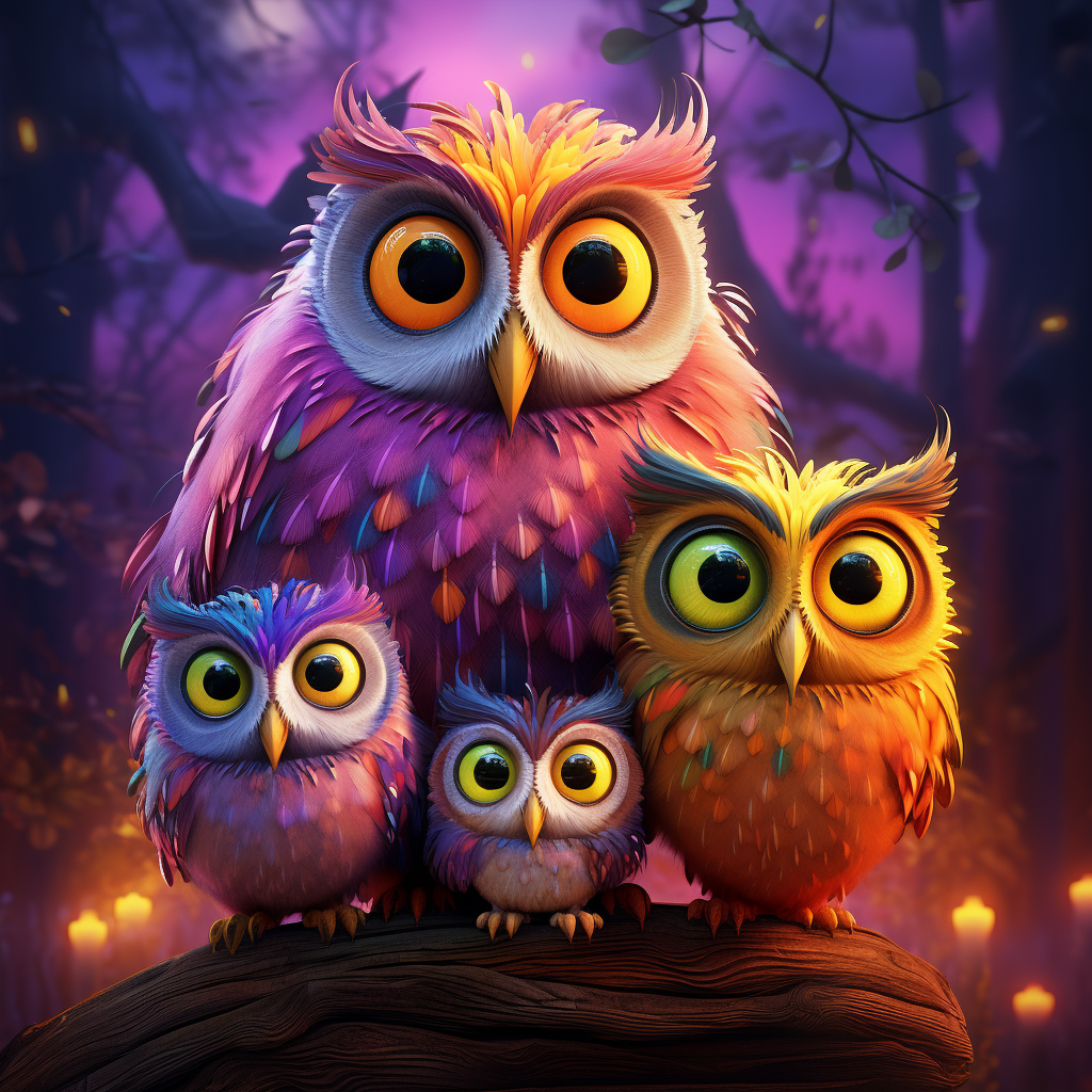 Adorable colorful owl family in Pixar style