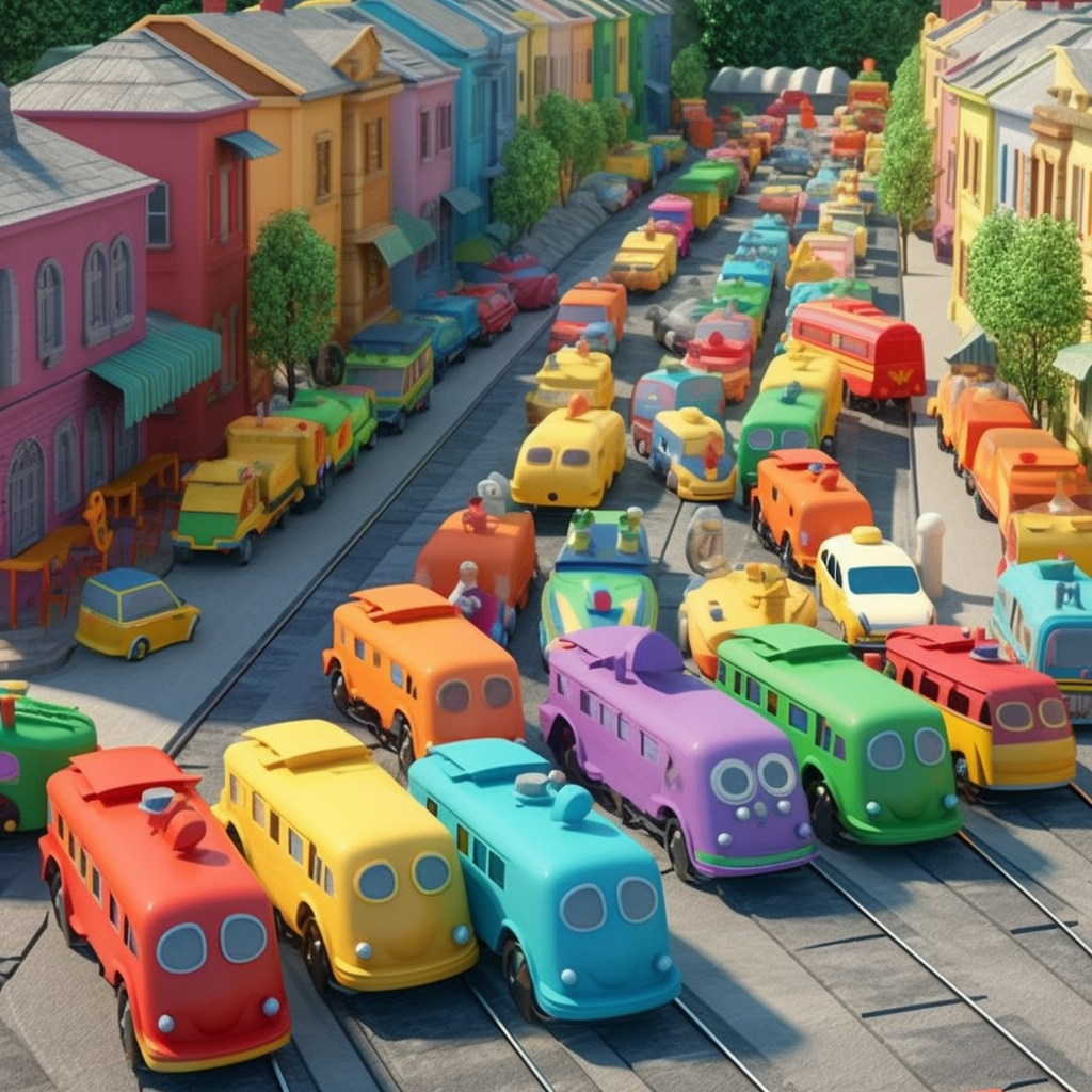 Colorful train in Cocomelon town with cars and honey