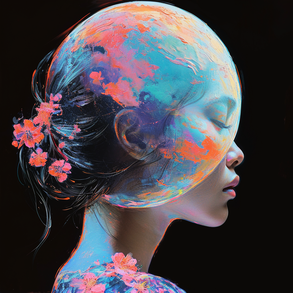 Double exposure of colorful planet and dreaming woman