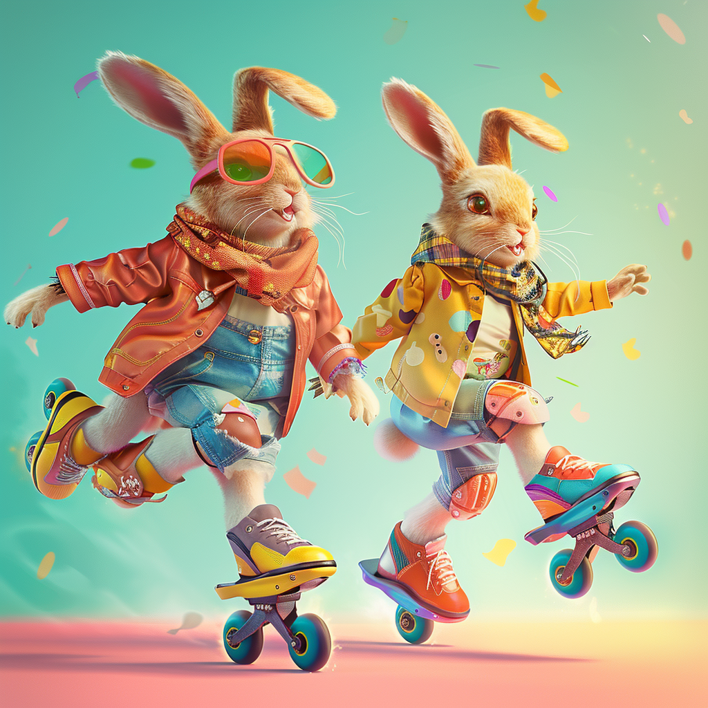 Cute colorful rabbits rollerblading kids