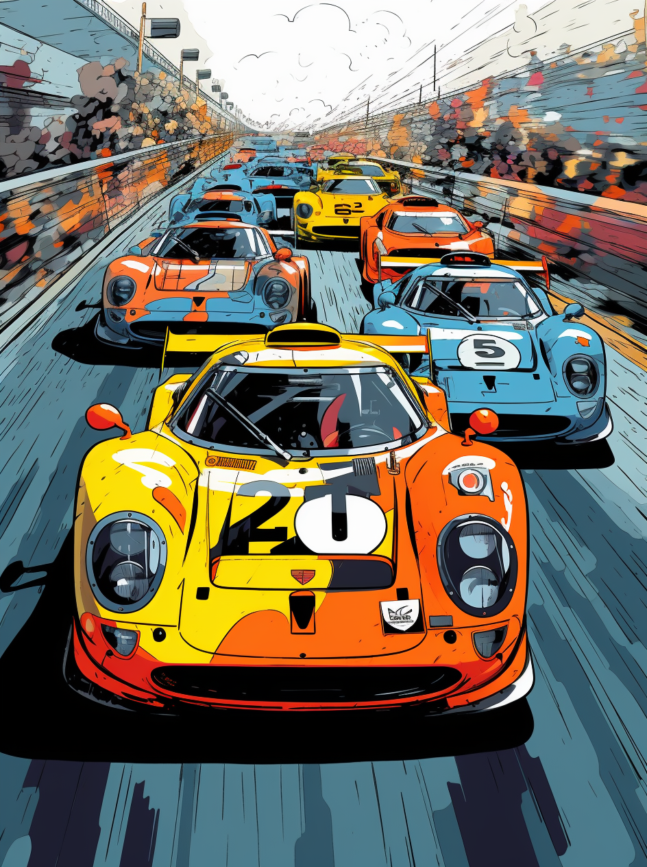 Vibrant race car drawings in action