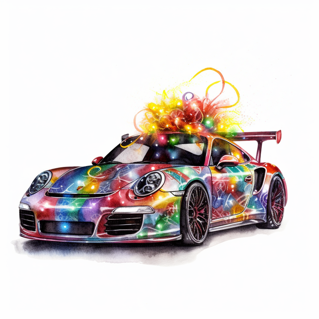 Colorful racing car with Christmas presents and lights