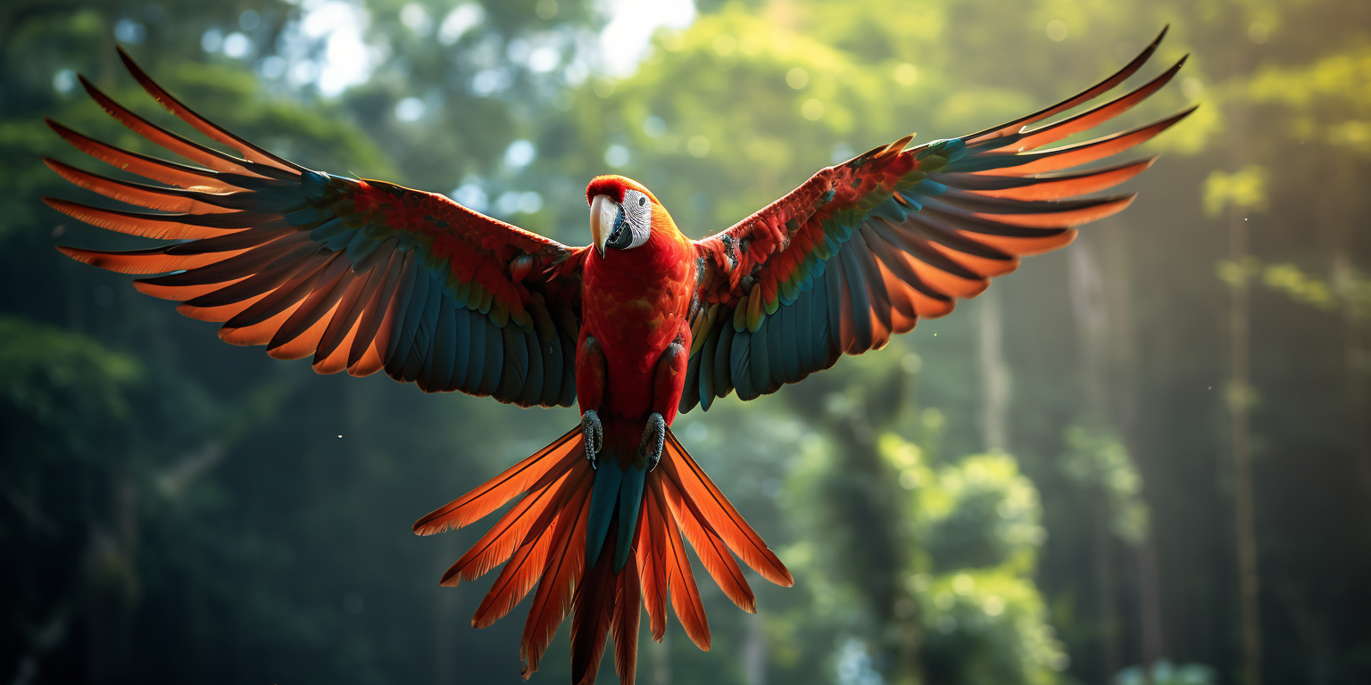 Beautiful red parrot spreading wings