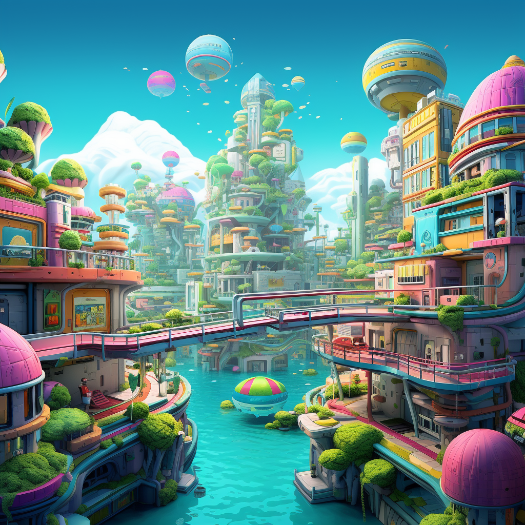 Vibrant retro arcade city on a floating island