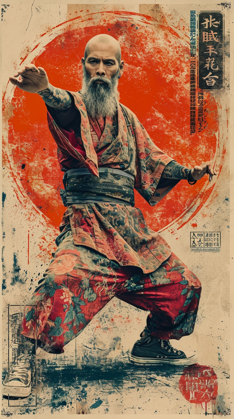 Japanese man stretching in colorful retro poster