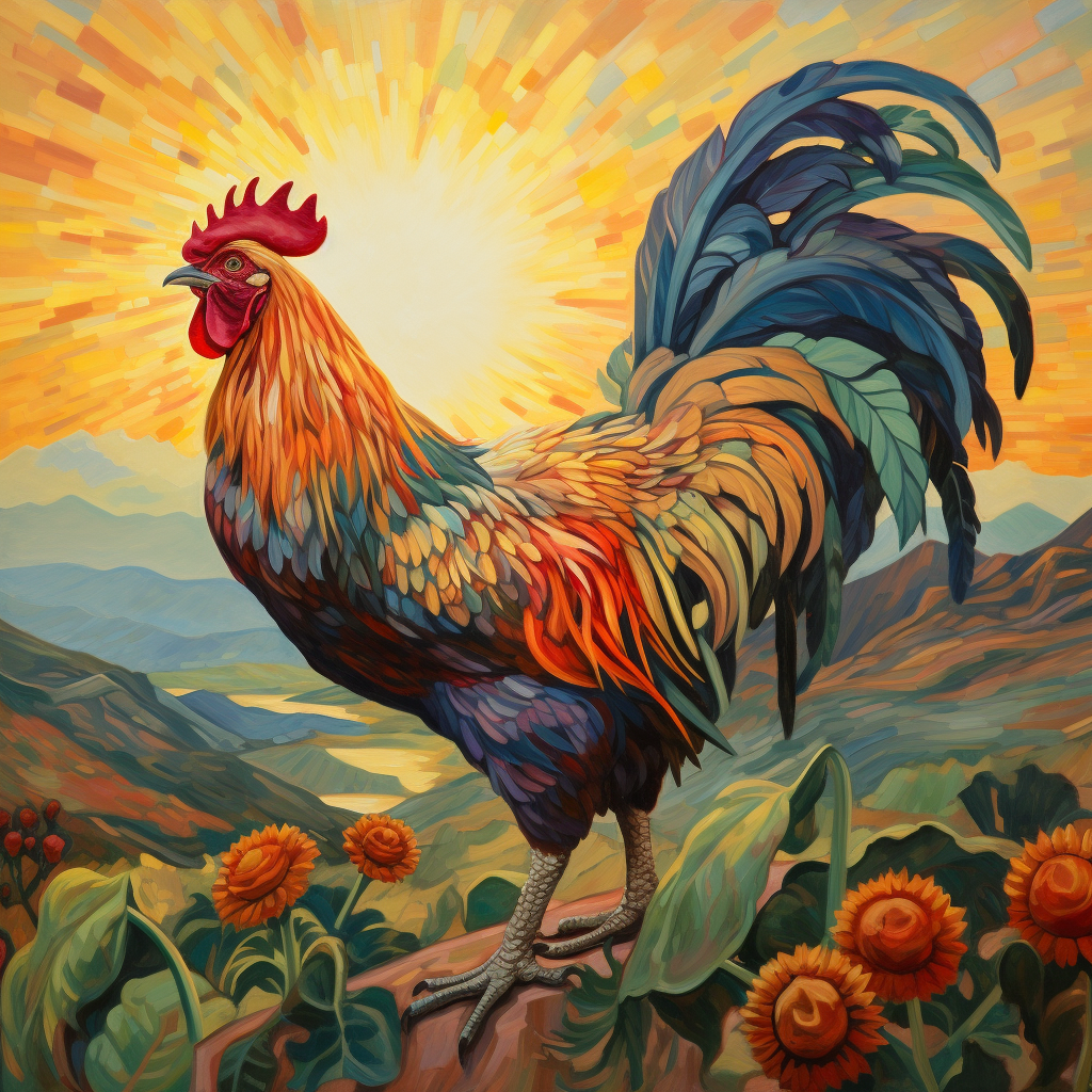 Colorful rooster celebrating sunrise