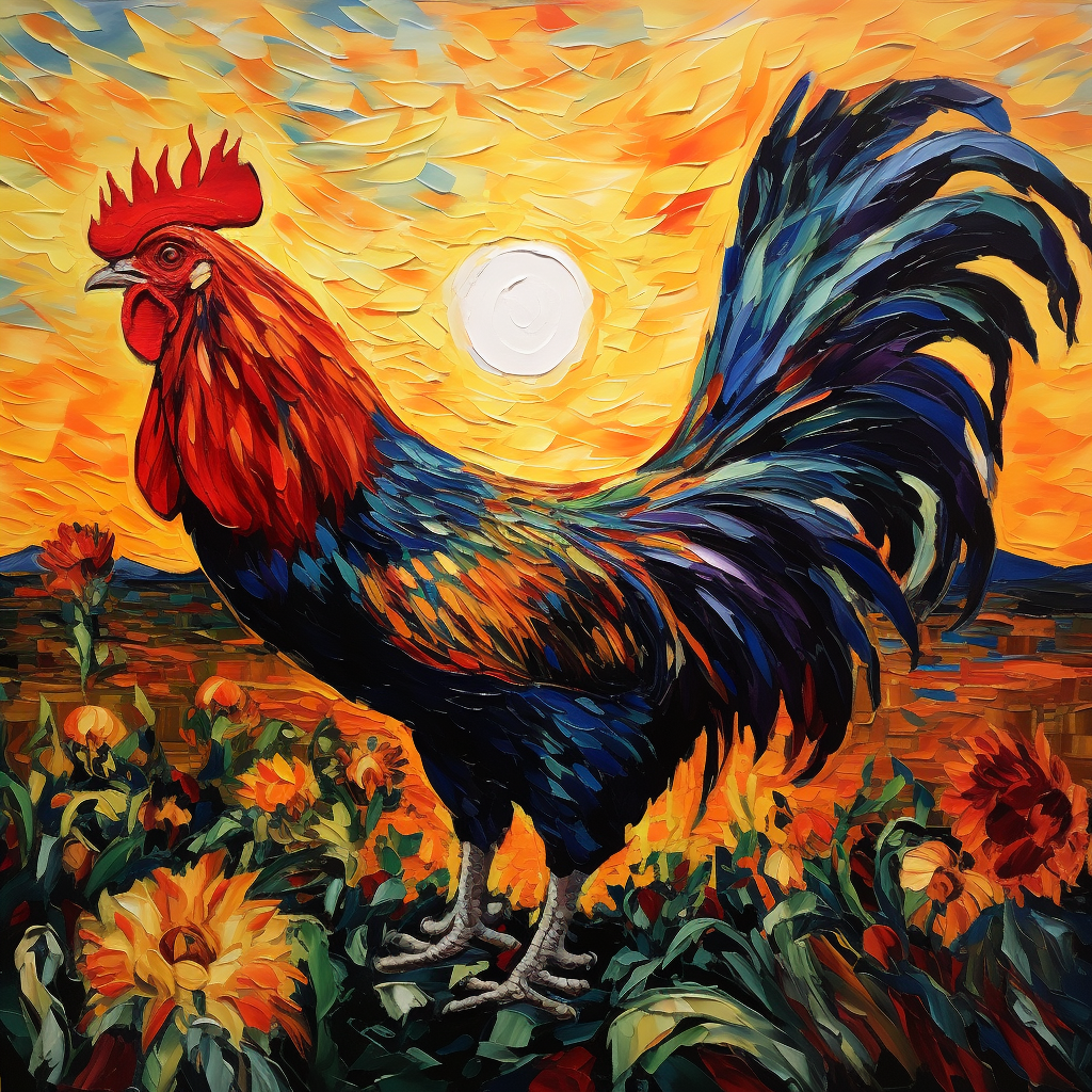 Colorful rooster crowing at sunrise