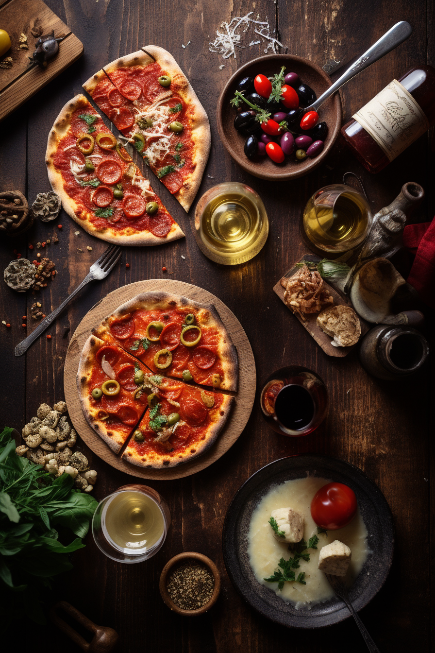 Colorful rustic Italian meal spread