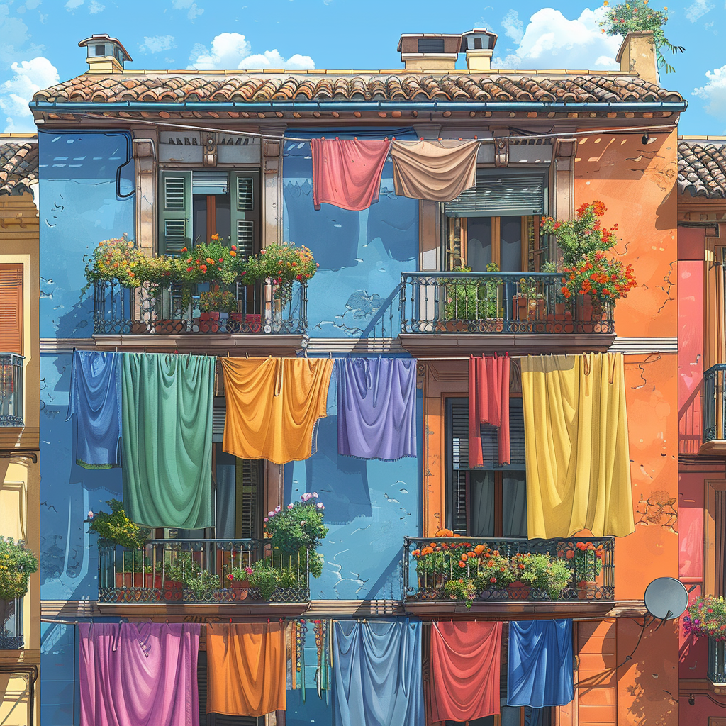 Madrid building with colorful scarves