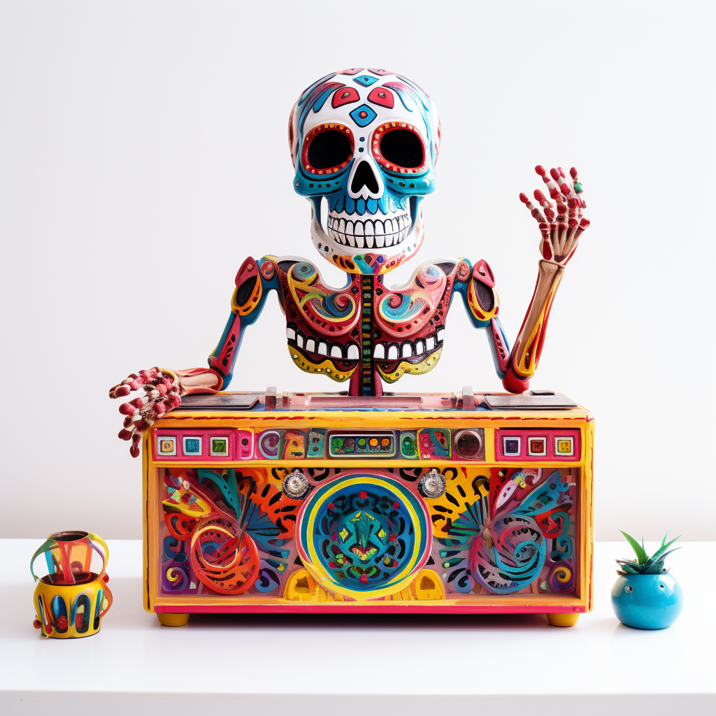 Colorful skeleton wooden alebrije in white room