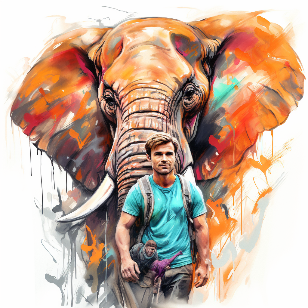 Colorful sketch of a man with a love for elephants