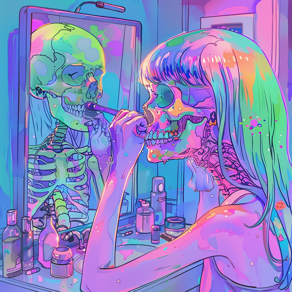 Colorful skull girl brushing hair mirror