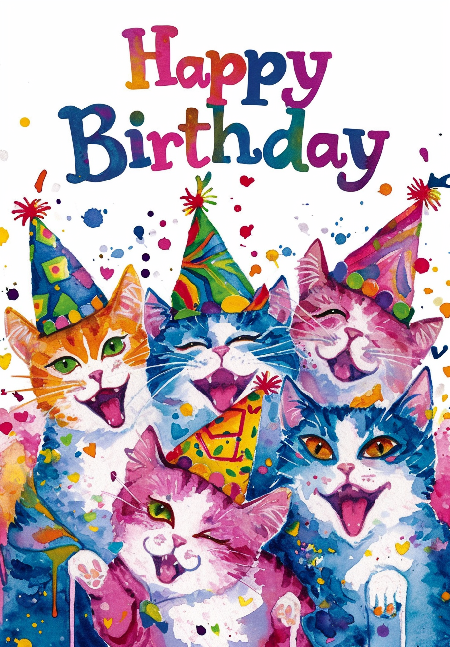 Colorful Smiling Laughing Cats Birthday Card