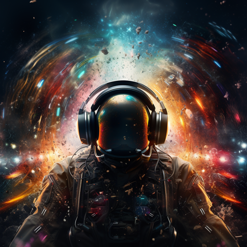 Colorful space DJ wearing crazy headphones