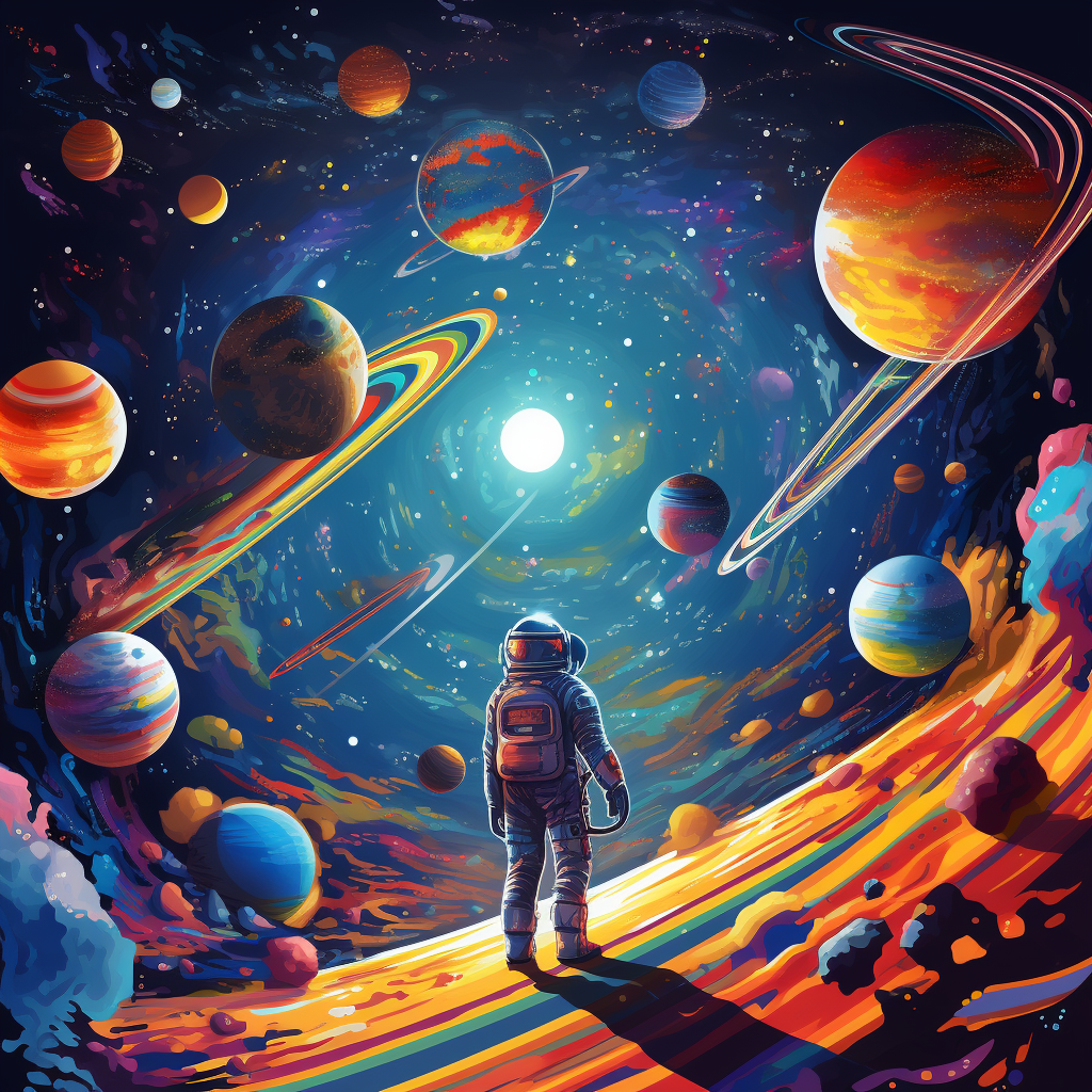 Astronaut floating amidst colorful space wonders