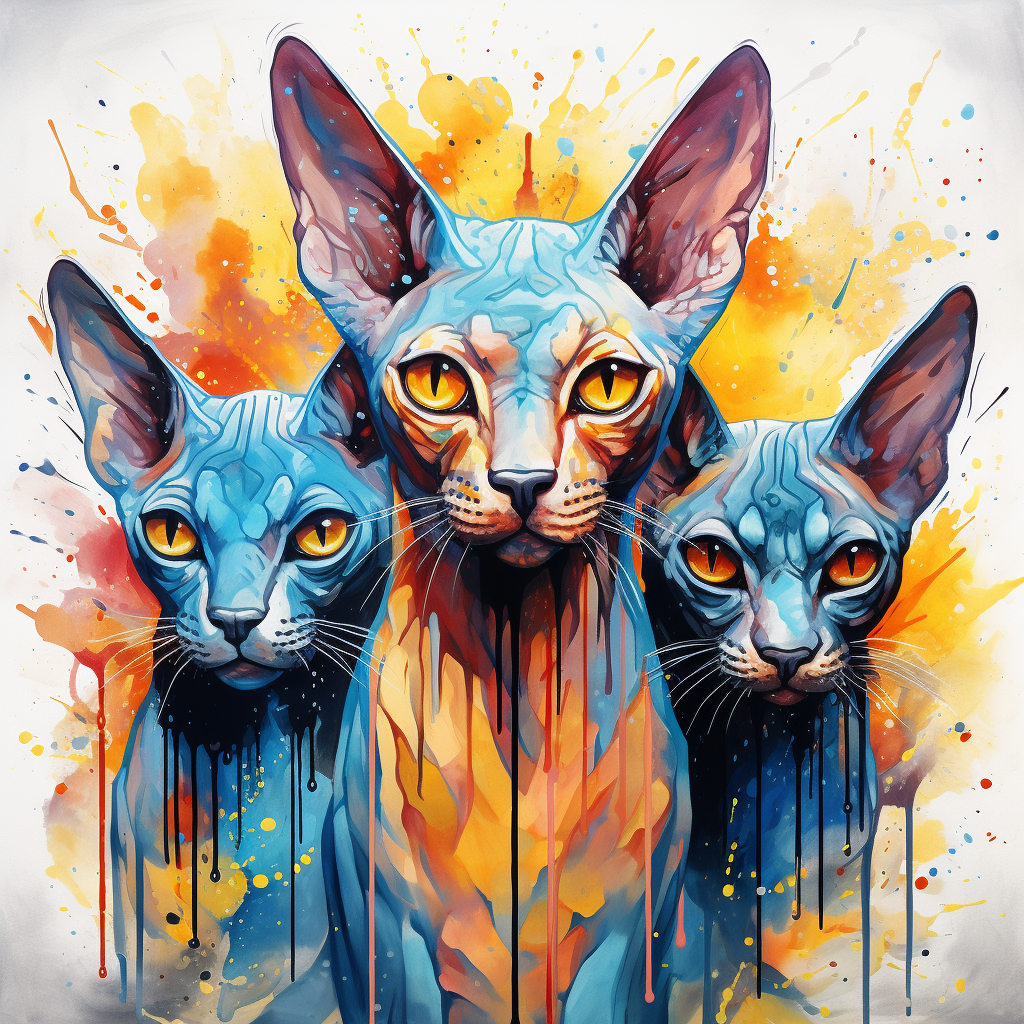 Colorful sphynx cats with droplets