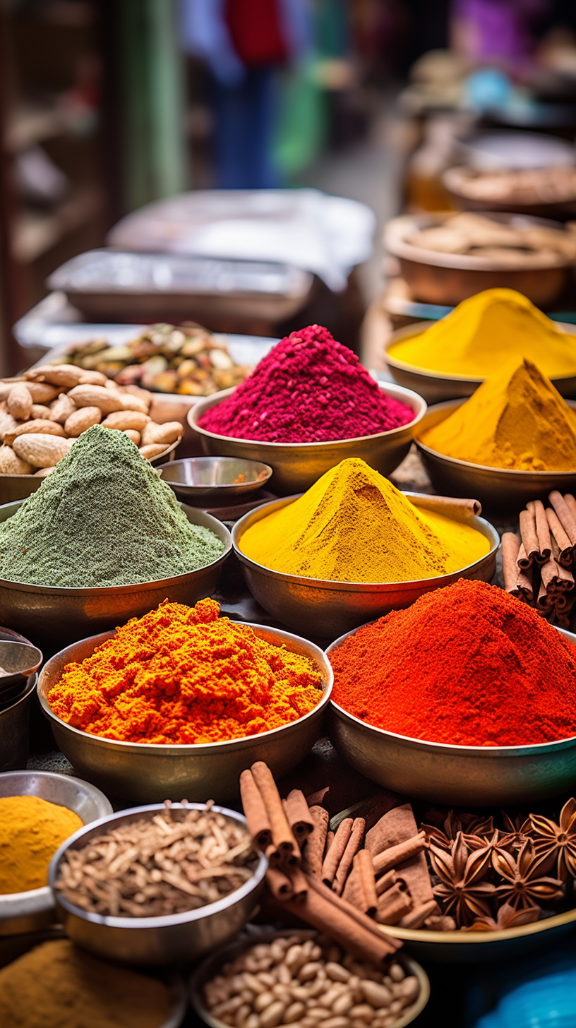 Colorful spices powders and herbs in traditional Delhi market