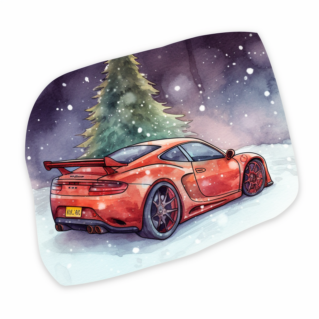 Illustration of Red Sportscar near Christmas Tree