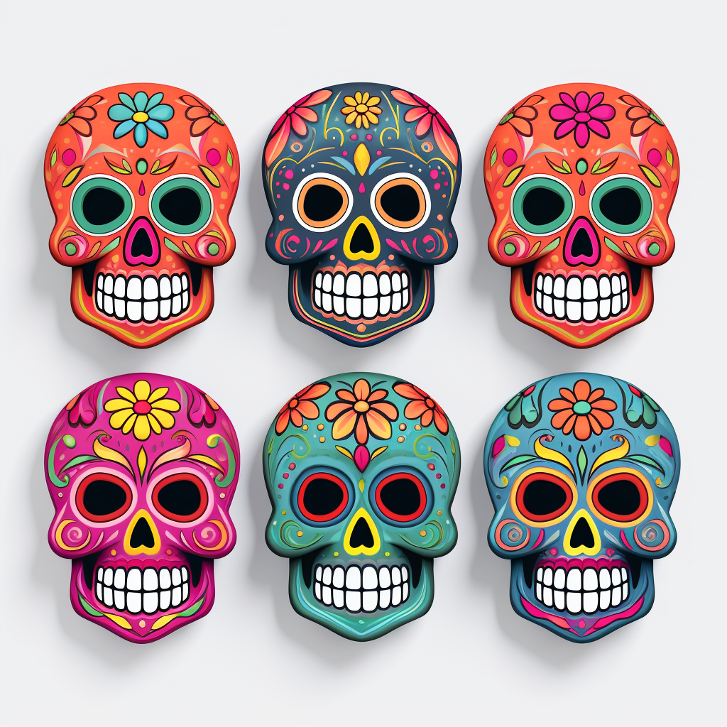 Colorful sugar skulls on blank background