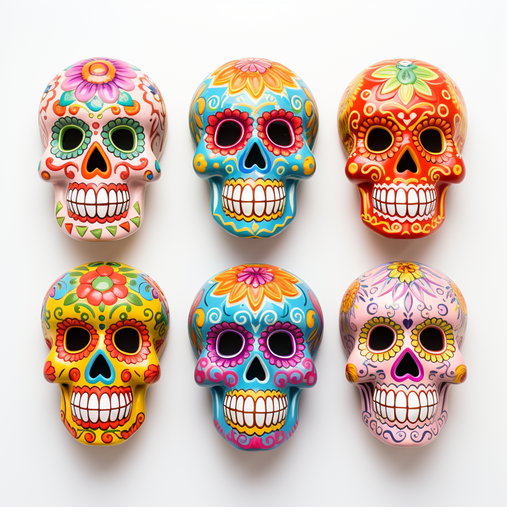 Brightly colored sugar skull array