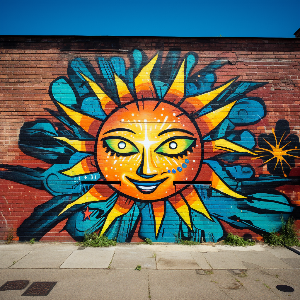 Graffiti-style brick wall with sun