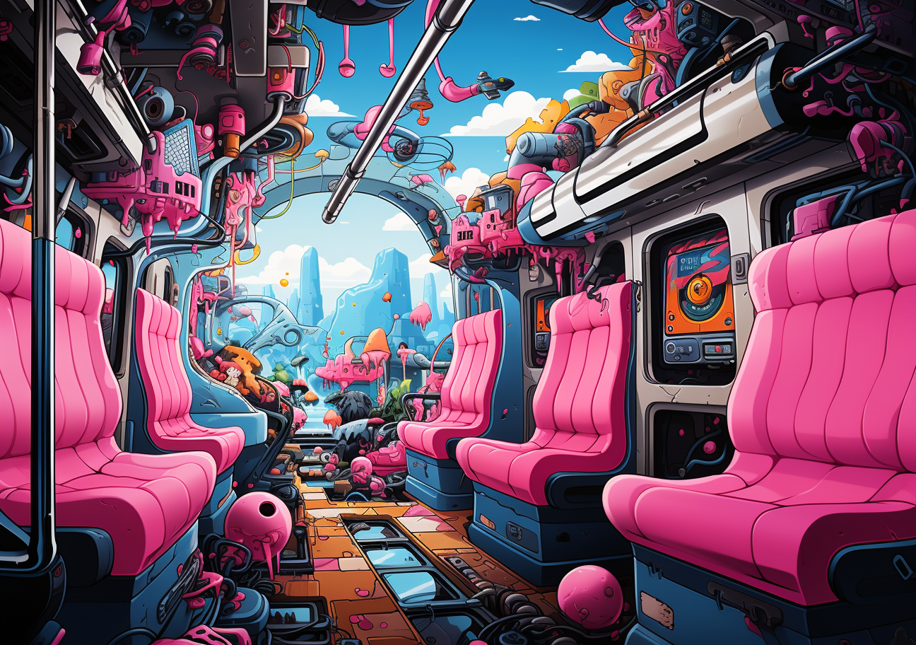 Colorful characters on a surreal train