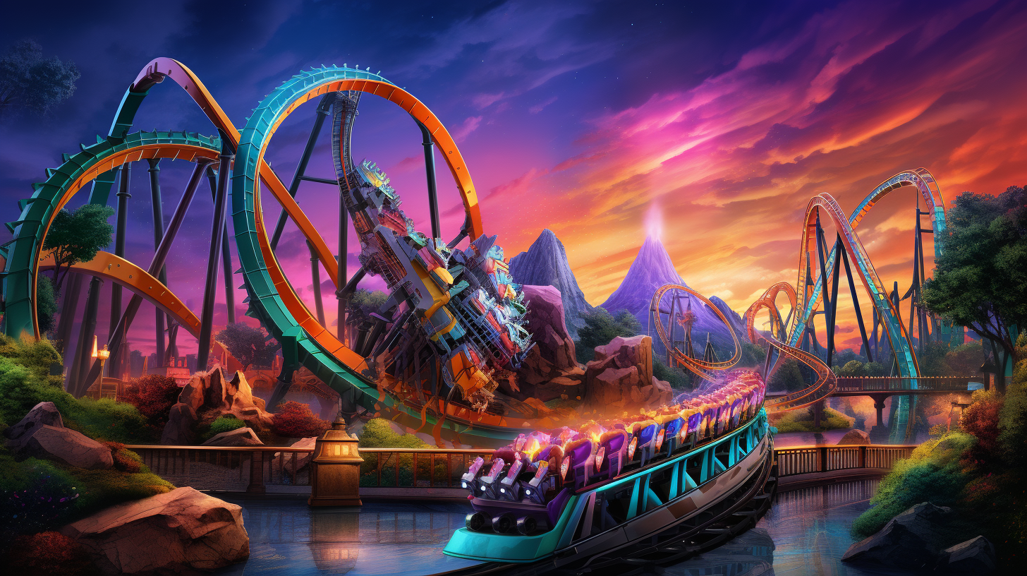 A highly detailed image of a colorful theme park ride at night