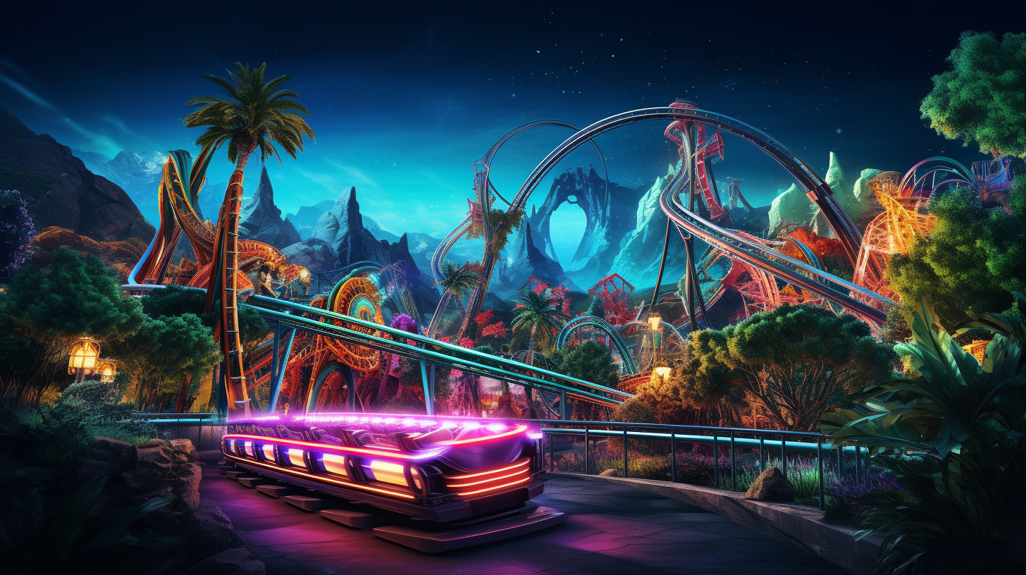 Colorful theme park ride at night