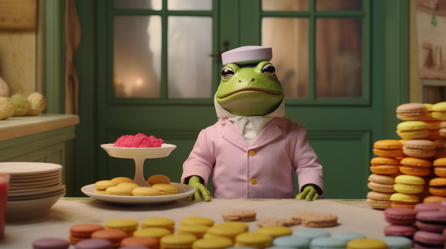 Anthropomorphic toad baking colorful macaroons