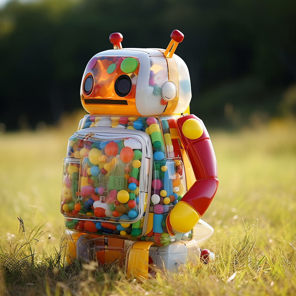 Life-size backpack made of colorful toy plastic