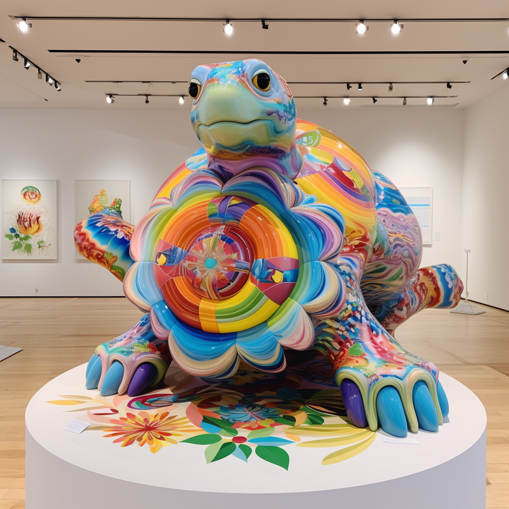 Colorful turtle statue inside art museum