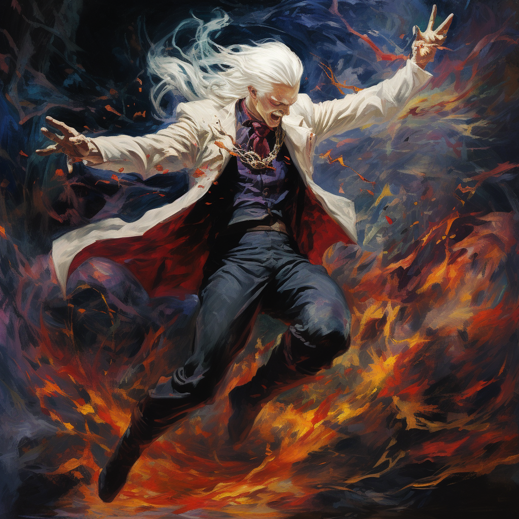 Vibrant vampire lord with white hair leaping in action