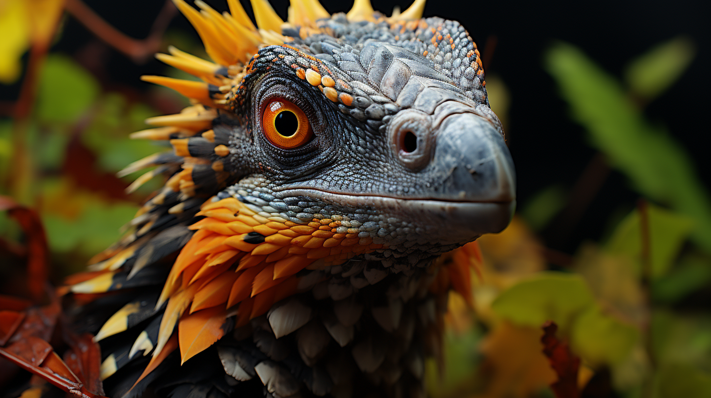 Colorful velociraptor in jungle foliage