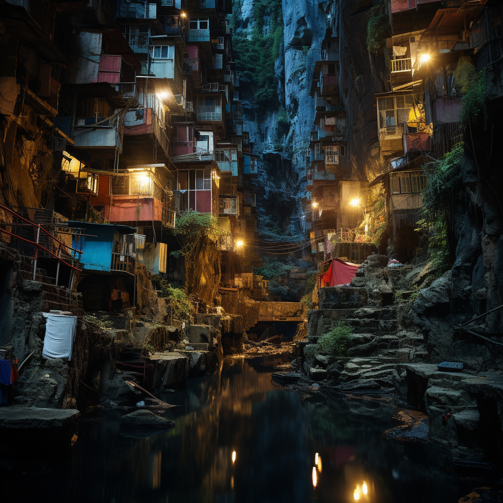 Vibrant vertical slums near waterfall