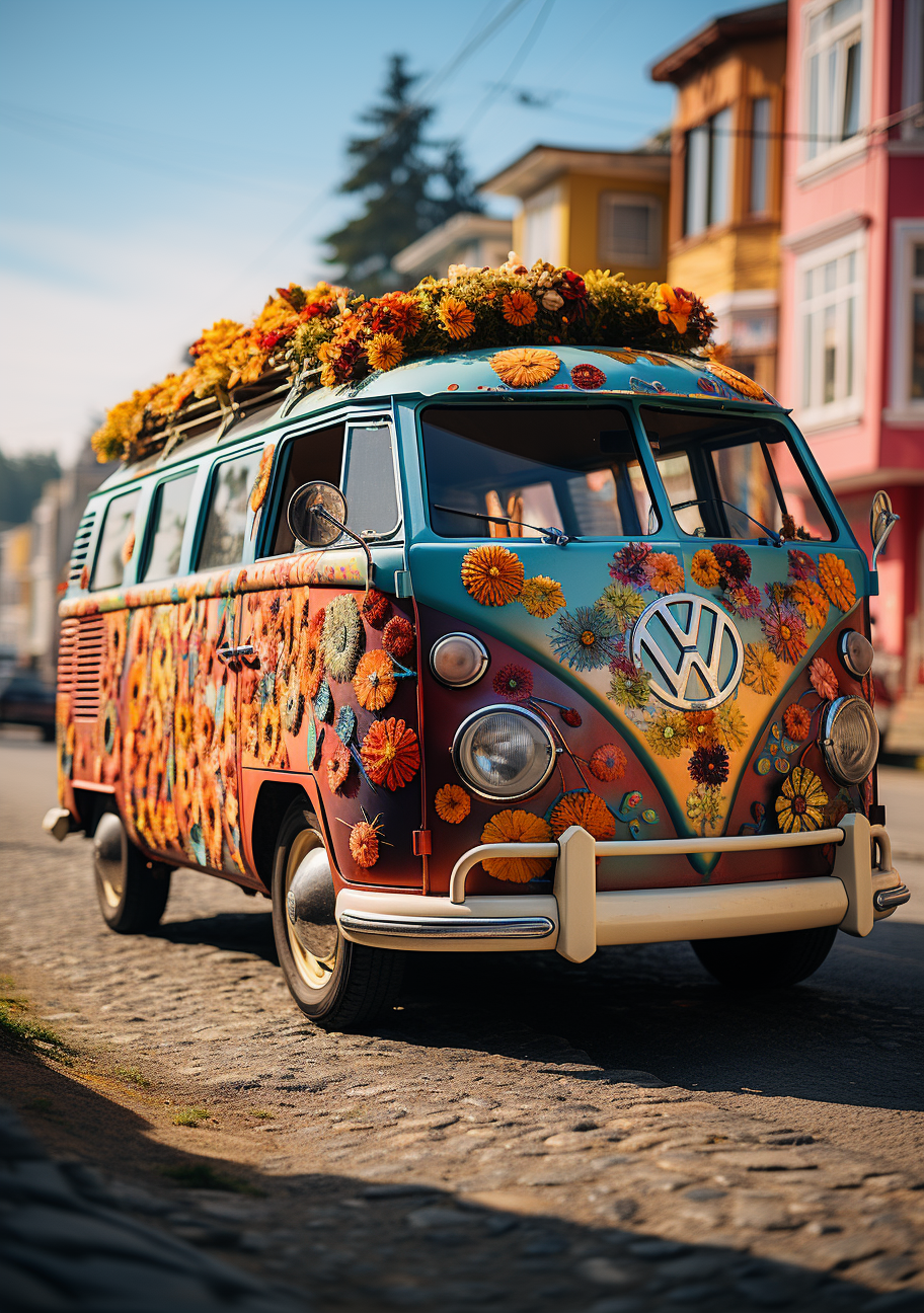 Colorful VW Bus in Front of Houses